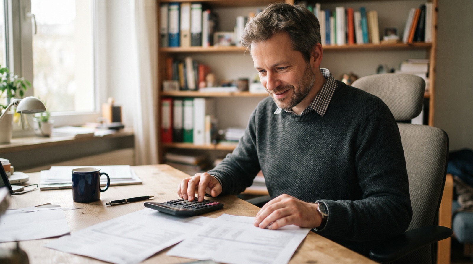 Person rechnet am Schreibtisch mit einem Taschenrechner zwei Gehaltsunterlagen durch