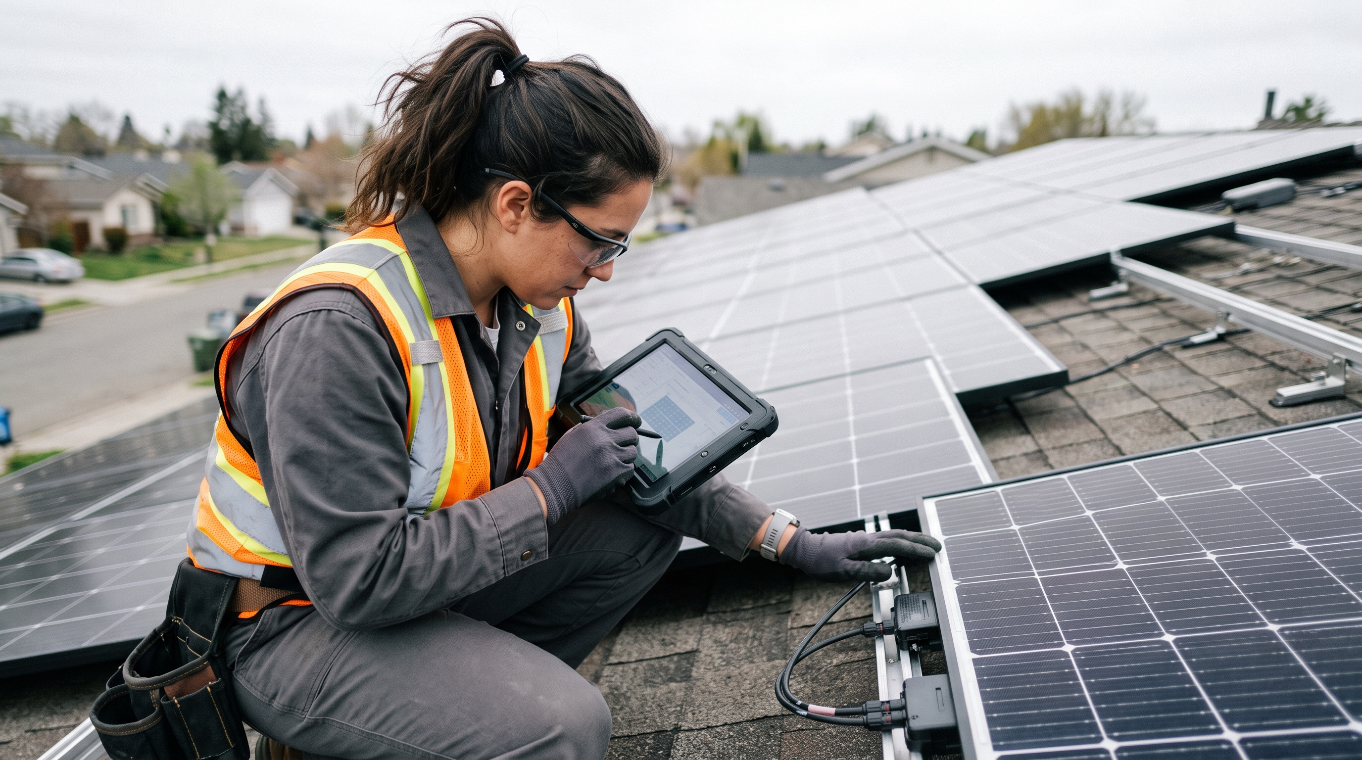 A technician inspecting rooftop solar panels with a tablet