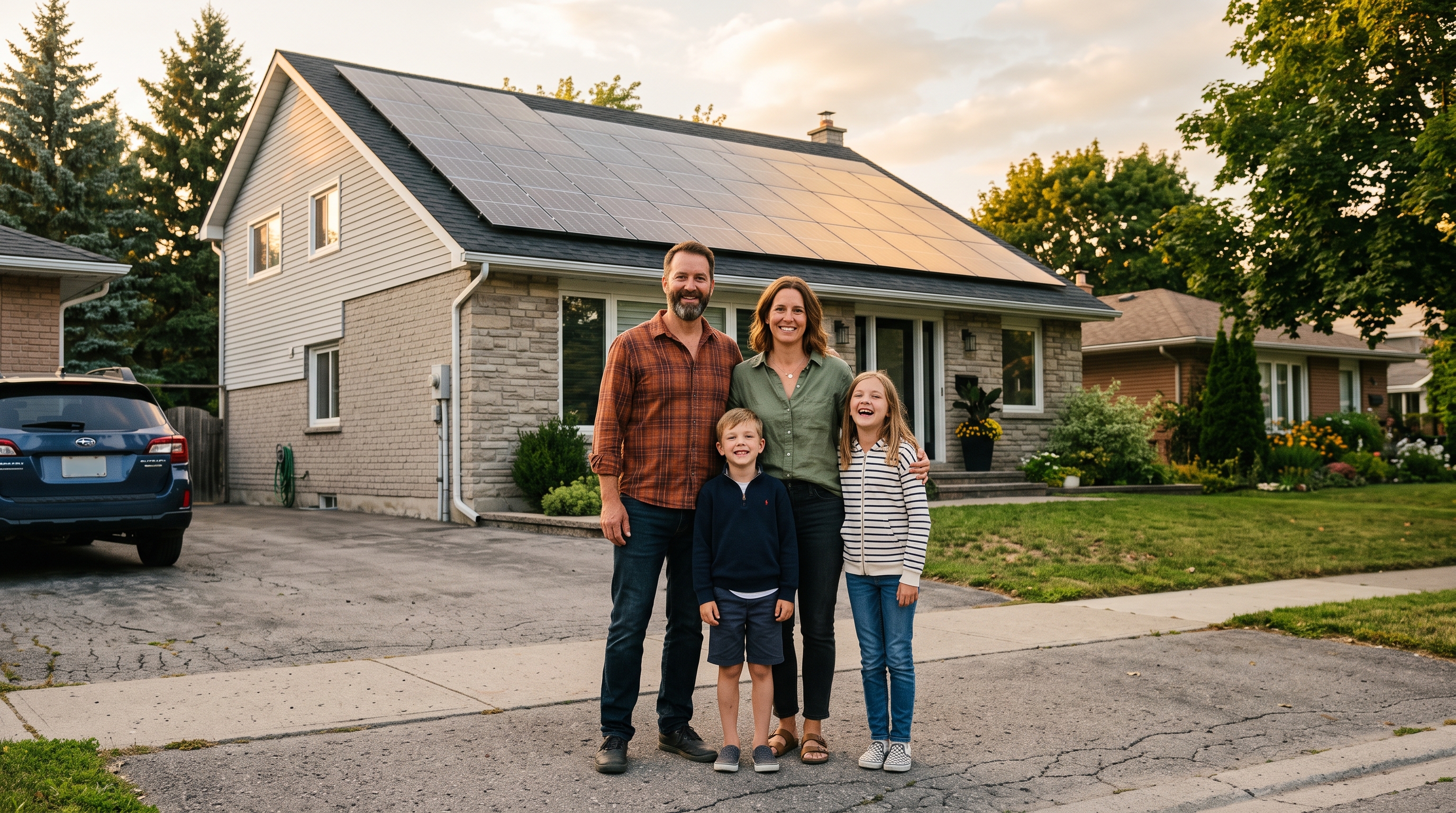 A Canadian family in front of their home with rooftop solar