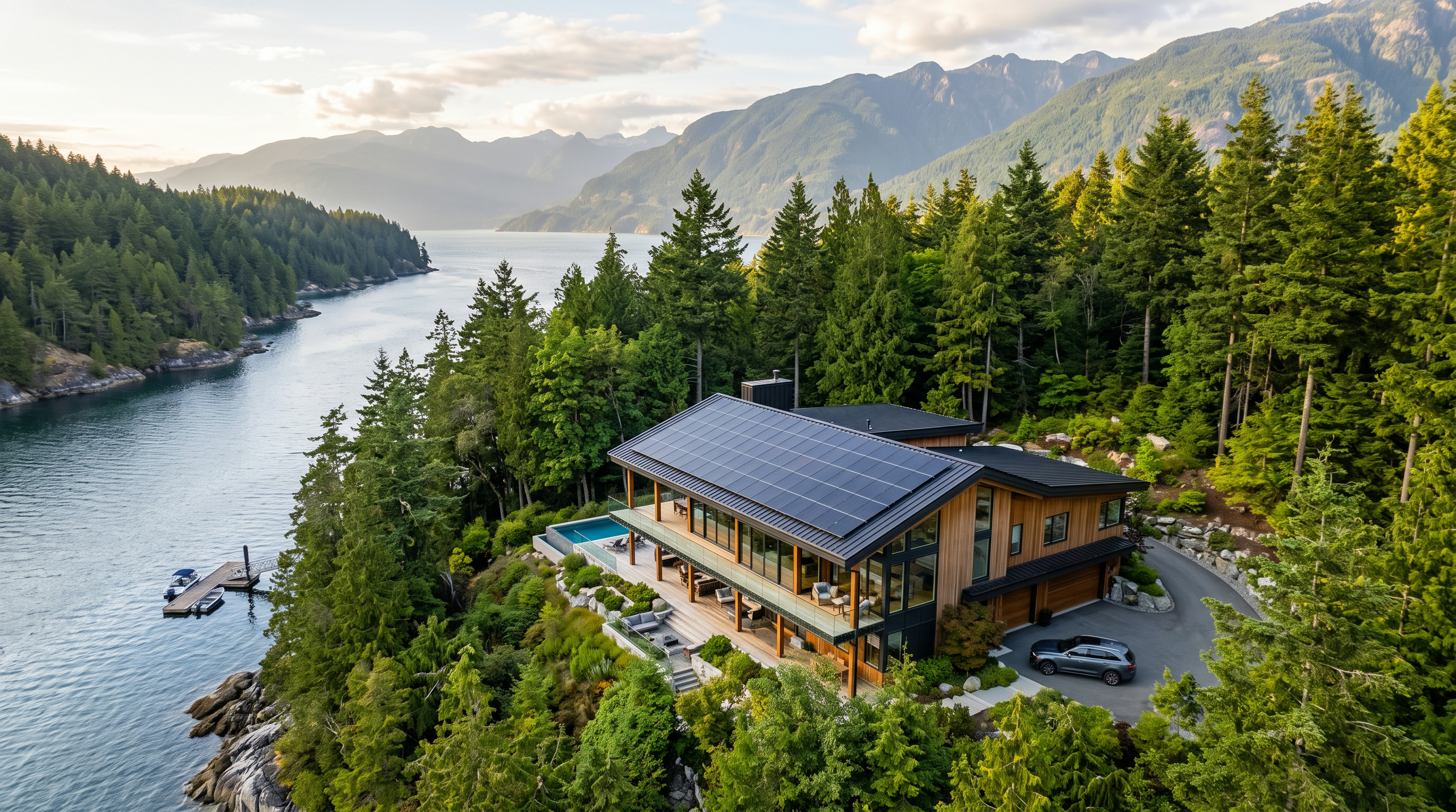 Aerial view of a West Coast Canadian home with rooftop solar panels